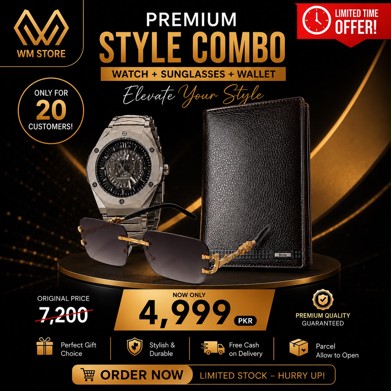 Premium Style Combo – Watch, Sunglasses & Leather Wallet