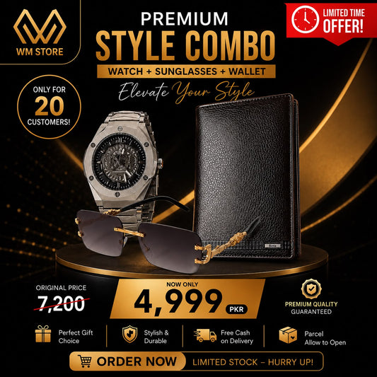 Premium Style Combo – Watch, Sunglasses & Leather Wallet
